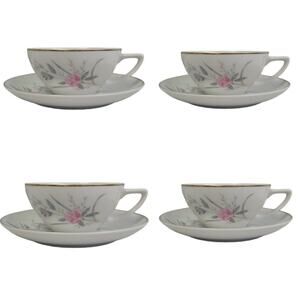 Set of 4 Vintage Golden Rose Flower Gold Rim Fine China Japan Teacups Saucers